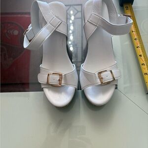 New White Cork Wedge Sandals • Gold Buckle • Women’s Size 8-8.5